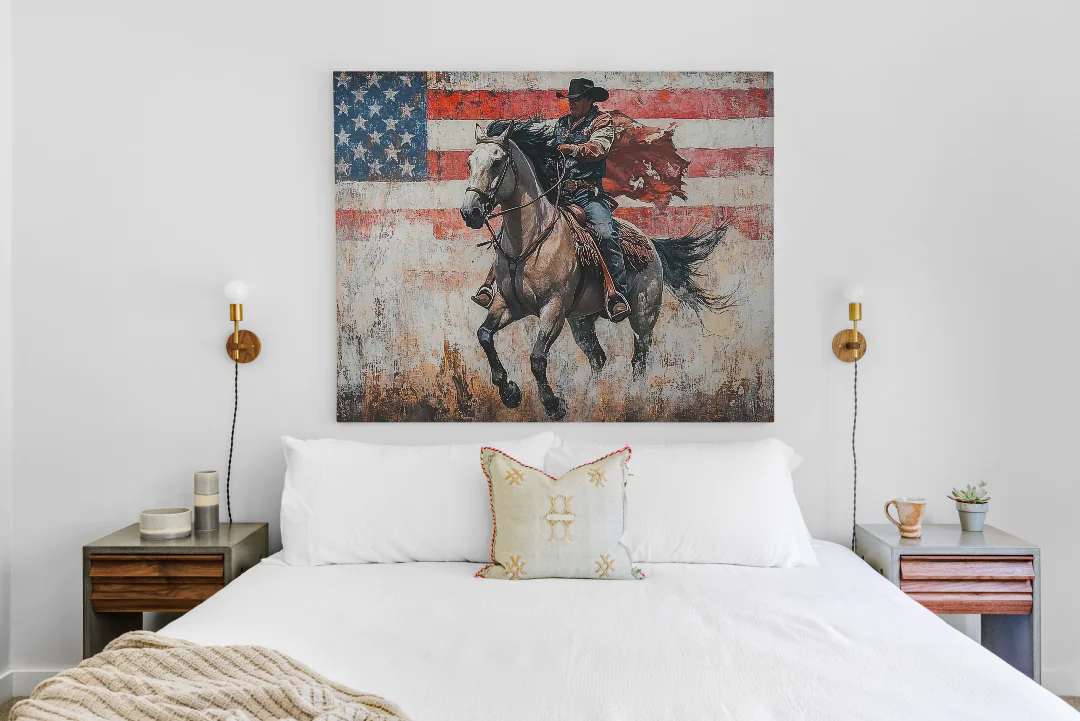 Bold Cowboy in Motion Against a Weathered American Flag Background Art Print