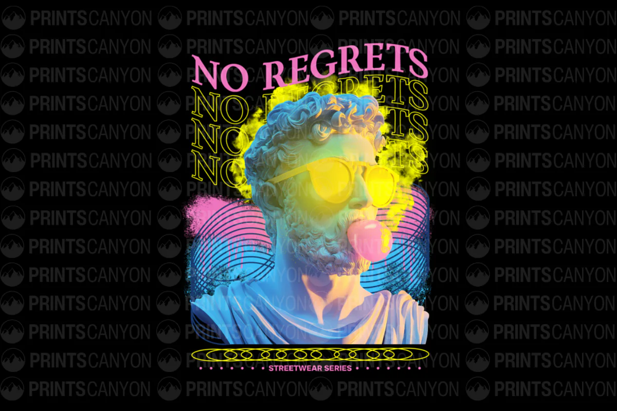 No Regrets Streetwear Tee with Vibrant Greek Statue Design