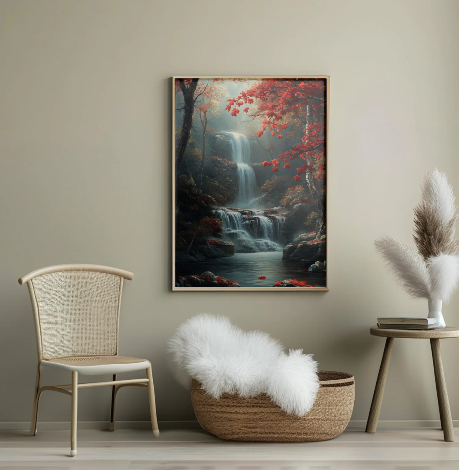 Serene Autumn Waterfall in a Vibrant Forest Setting
