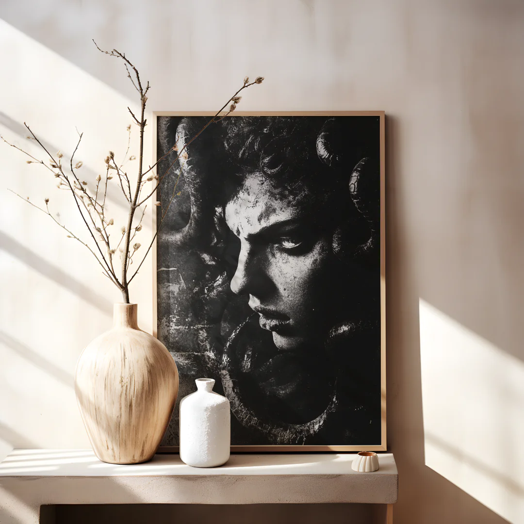Mystical Portrait of a Figure Entwined with Serpentine Elements in Monochrome Artistry