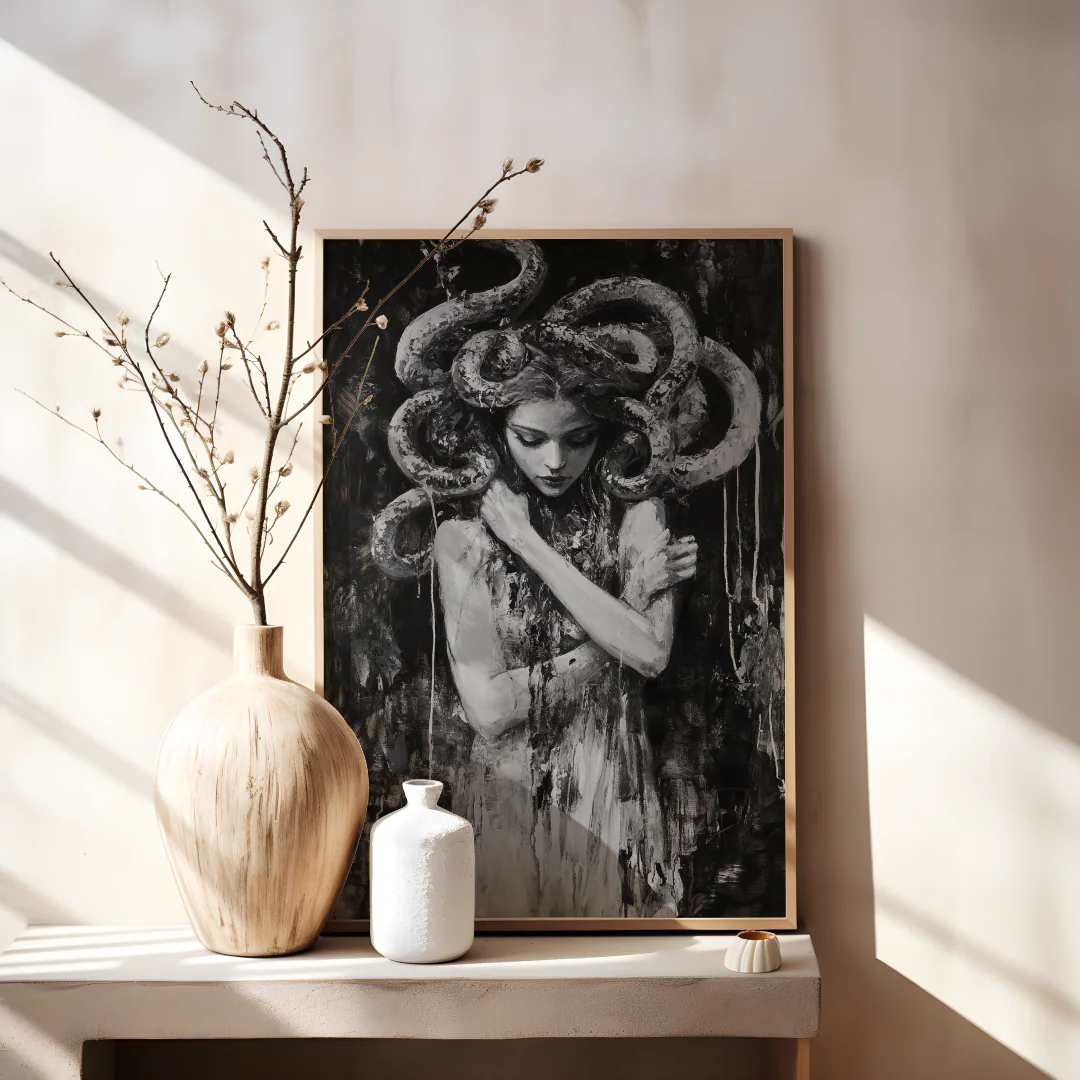Mystical Medusa: Enigmatic Artwork of Serpentine Elegance in Monochrome