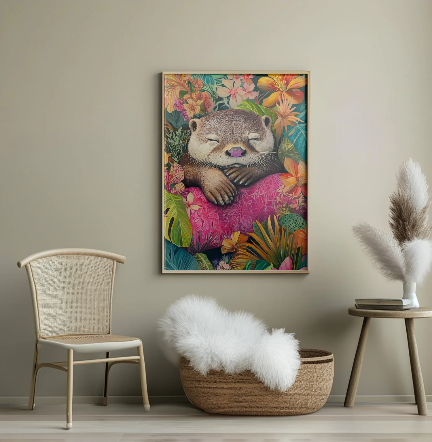 Serene Otter Dreaming Amidst Vibrant Tropical Flora Artwork