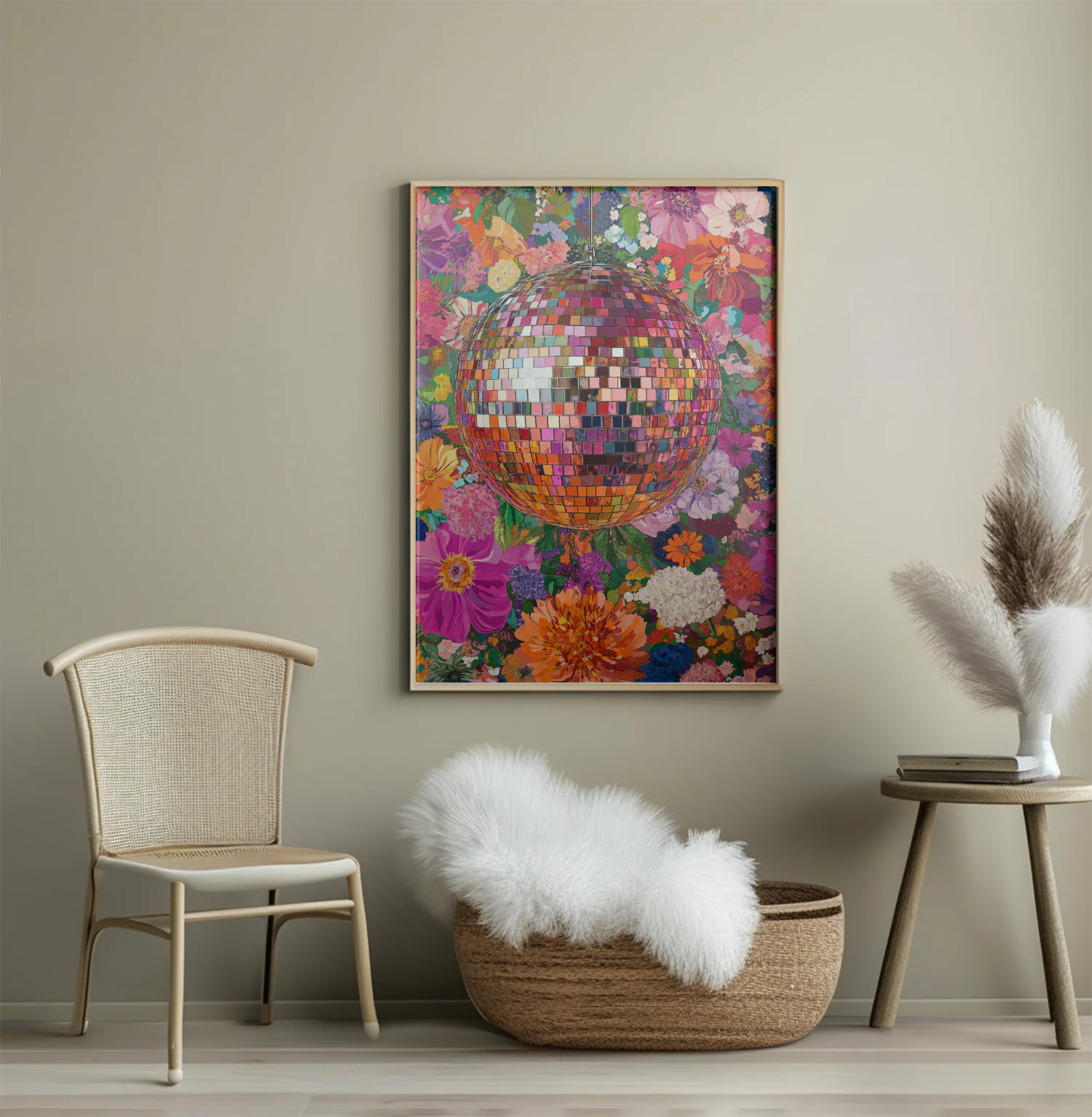 Vibrant Floral Disco Ball Art Print for Modern Home Decor