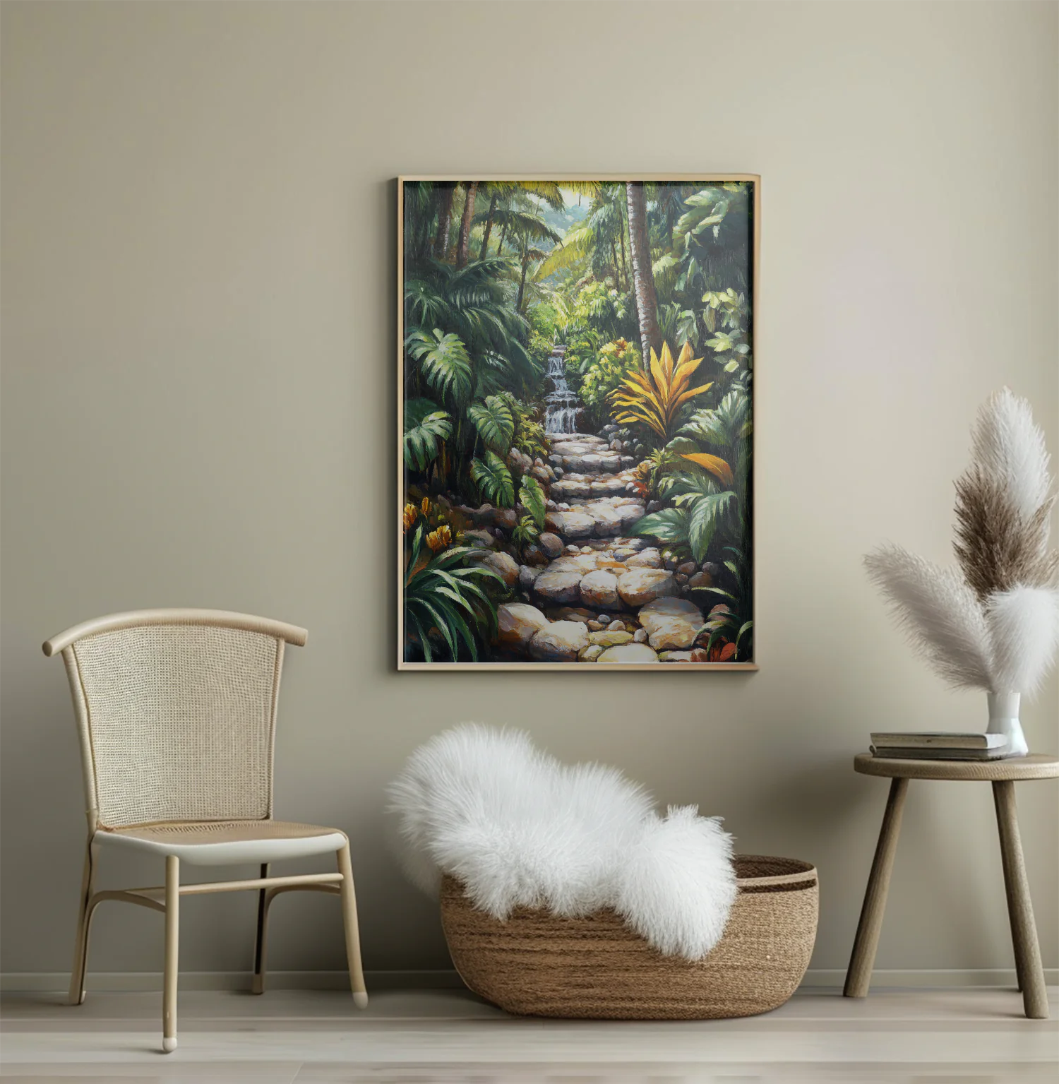 Serene Tropical Pathway with Lush Foliage and Gentle Waterfall