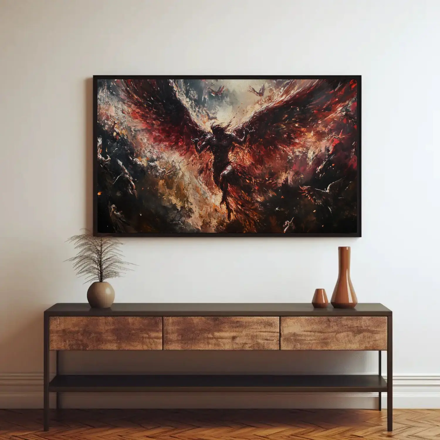 Fiery Wings: A Dramatic Artistic Depiction of an Ascending Entity Amidst Chaos