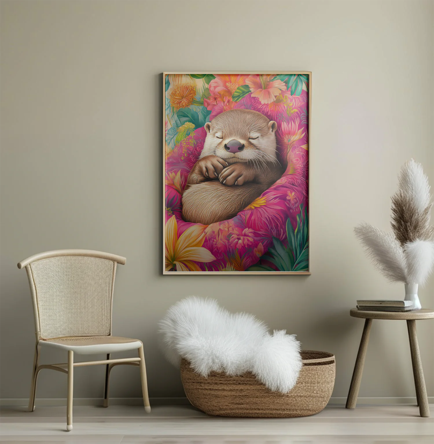 Cozy Flower-Cuddled Otter Art Print for a Touch of Whimsy and Charm