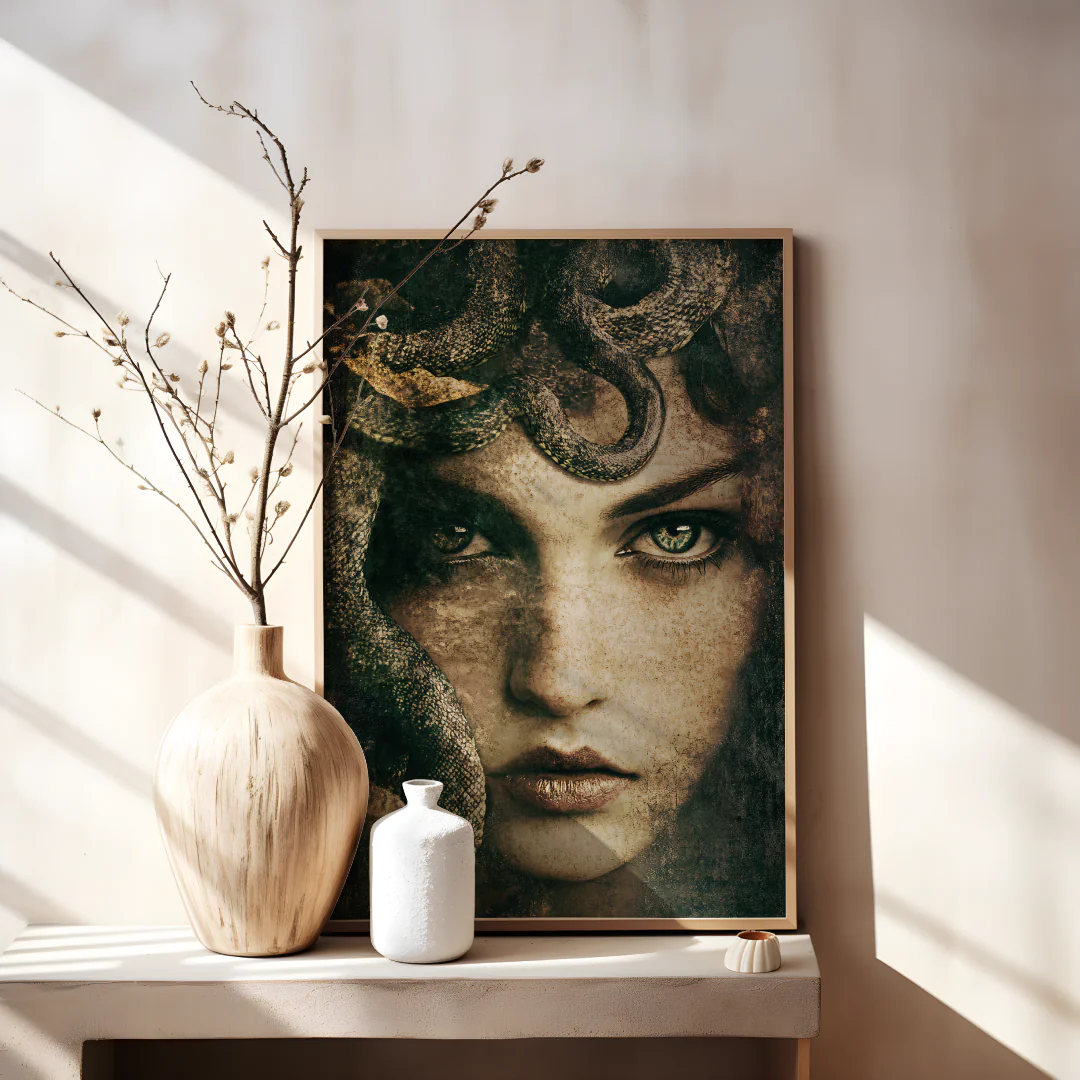 Mystical Serpent Queen Art Print with Intriguing Snake Detail and Enigmatic Eyes