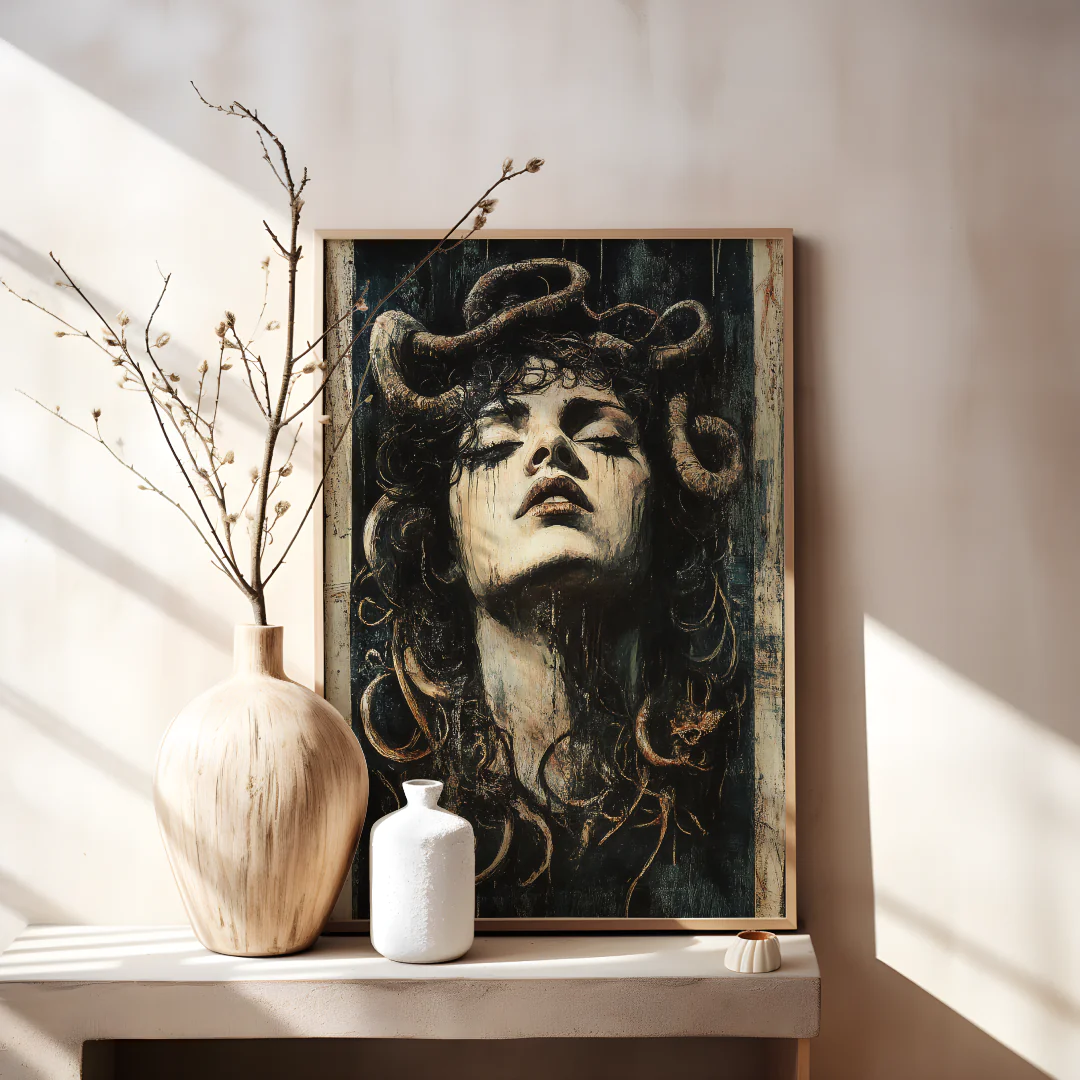 Mystic Medusa Wall Art Print - Enigmatic Serpent-Embraced Portrait for Home Decor