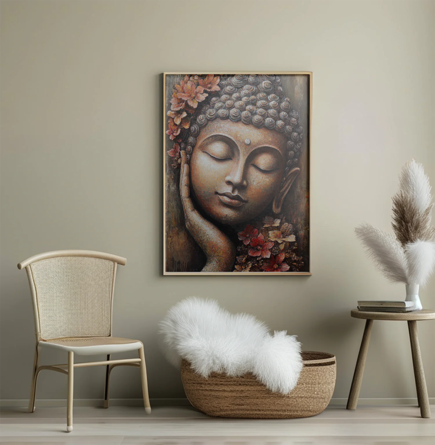 Serene Buddha Wall Art with Floral Accents for Tranquil Home Decor and Spiritual Inspiration