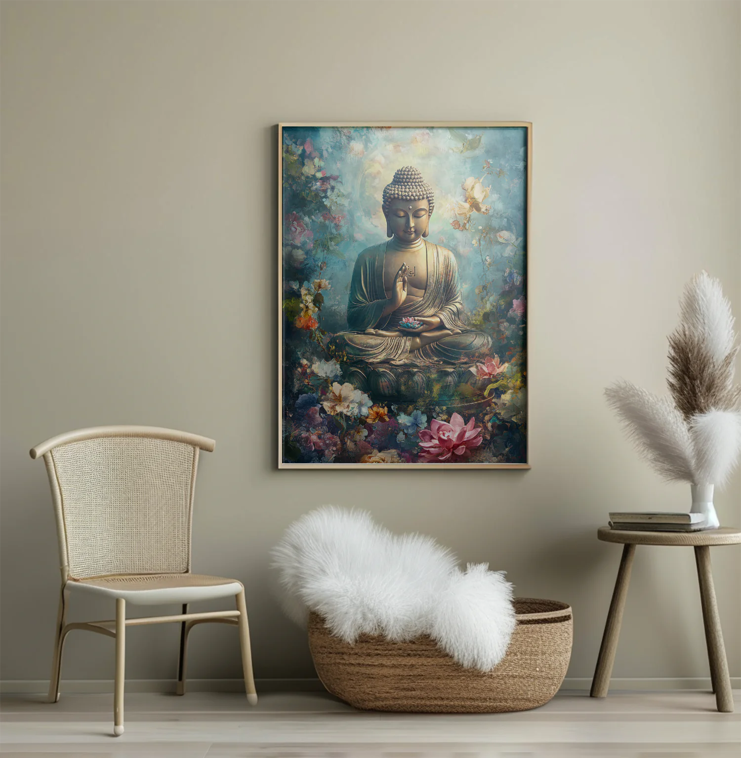 Serene Buddha Statue Surrounded by Vibrant Flowers for Tranquil Decor