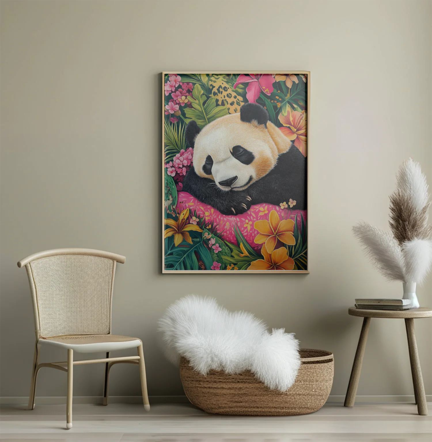 Sleeping Panda Surrounded by Colorful Tropical Flowers Artwork Print