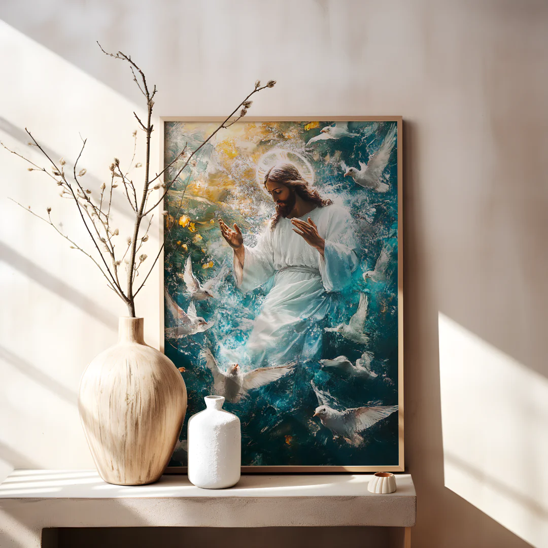 Divine Serene Vision of Peace with Doves in Captivating Heavenly Artwork
