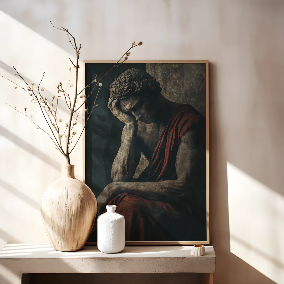 Contemplative Sculpture of a Thinker in Red Drapery with Textured Background