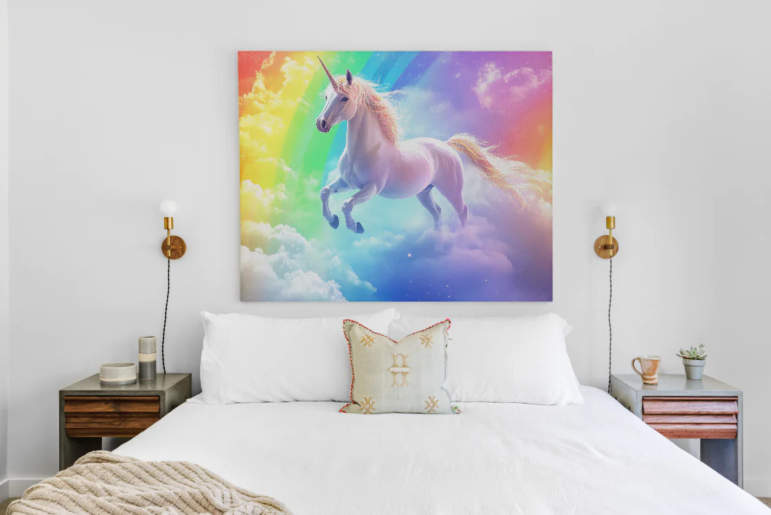 Majestic Unicorn in a Dreamy Rainbow Paradise Cloudscape Artwork