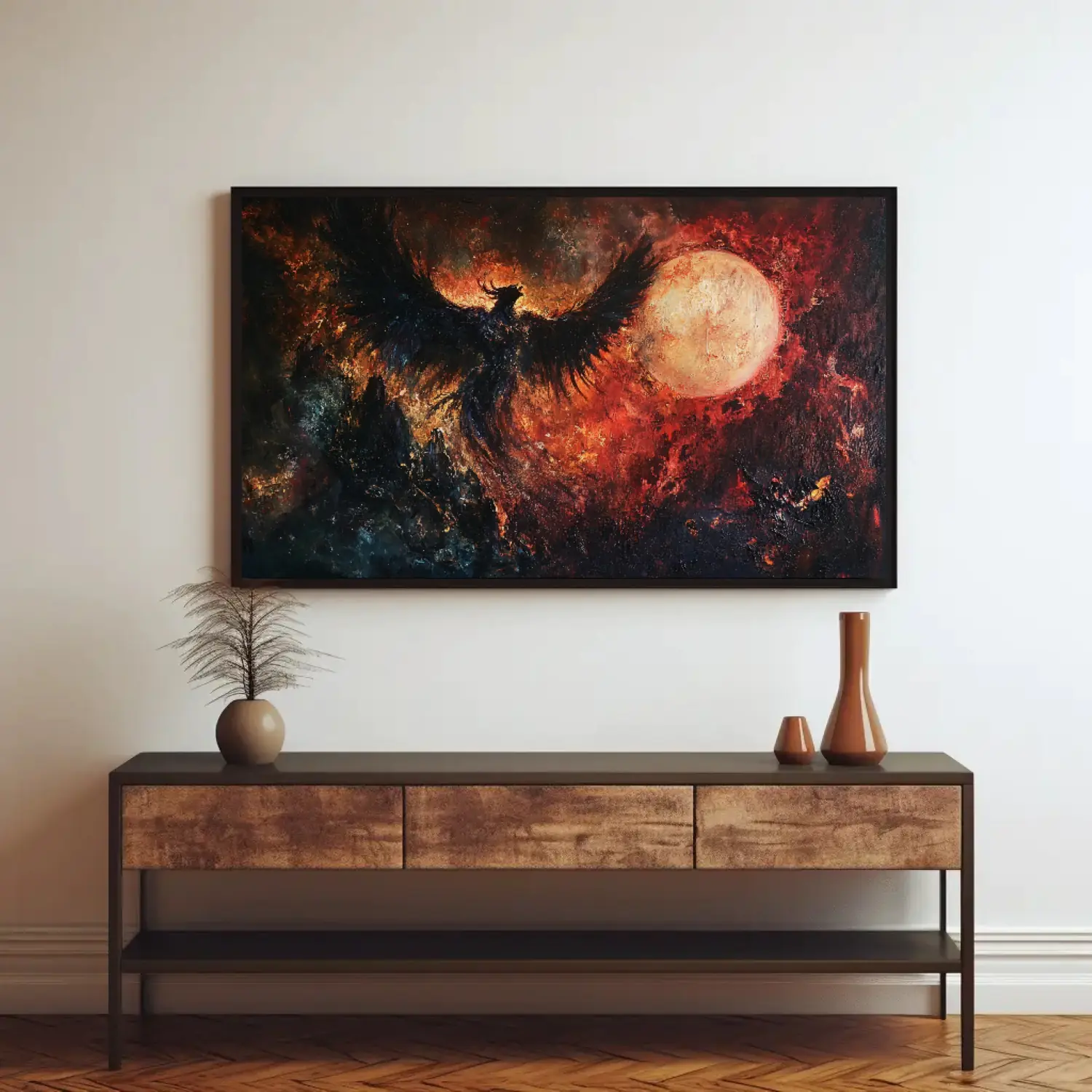 Majestic Phoenix Rising Against a Fiery Night Sky with Glowing Moon