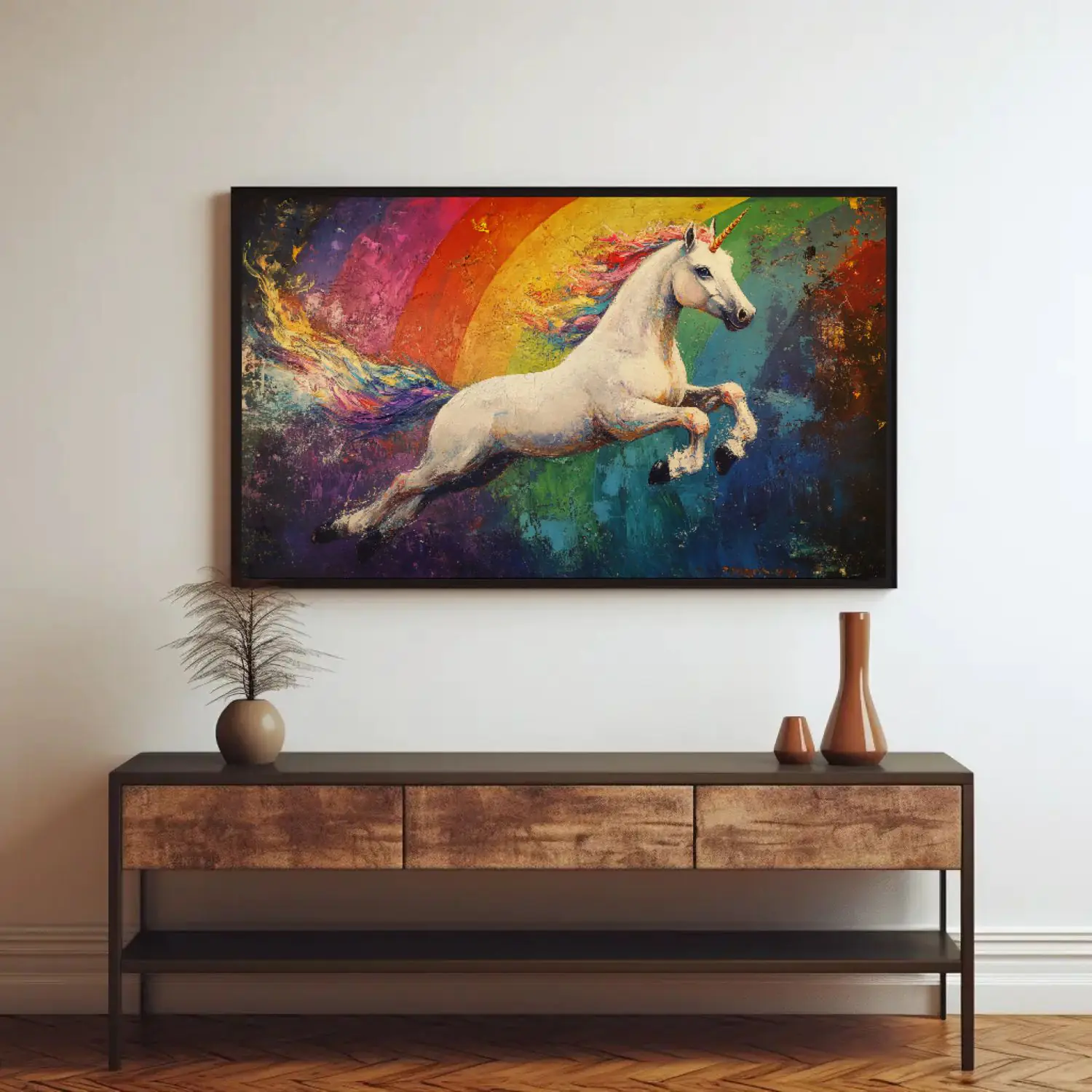 Vibrant Unicorn Artwork with Rainbow Background for Magical Home Décor