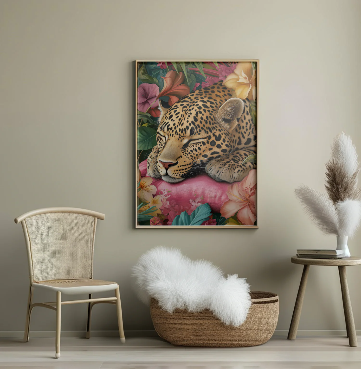 Vibrant Jungle Dreams: Relaxing Leopard Art Print with Tropical Flowers