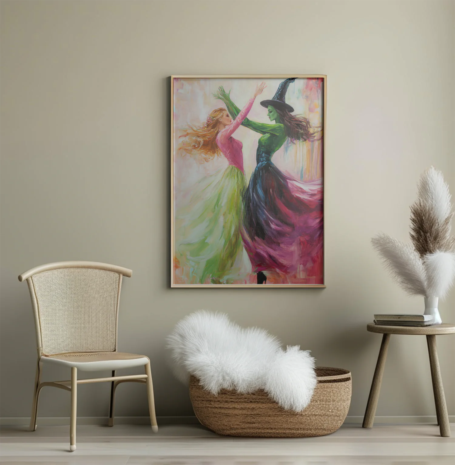 Glinda and Elphaba Enchanting Dance of Light and Dark: A Whimsical Art Print
