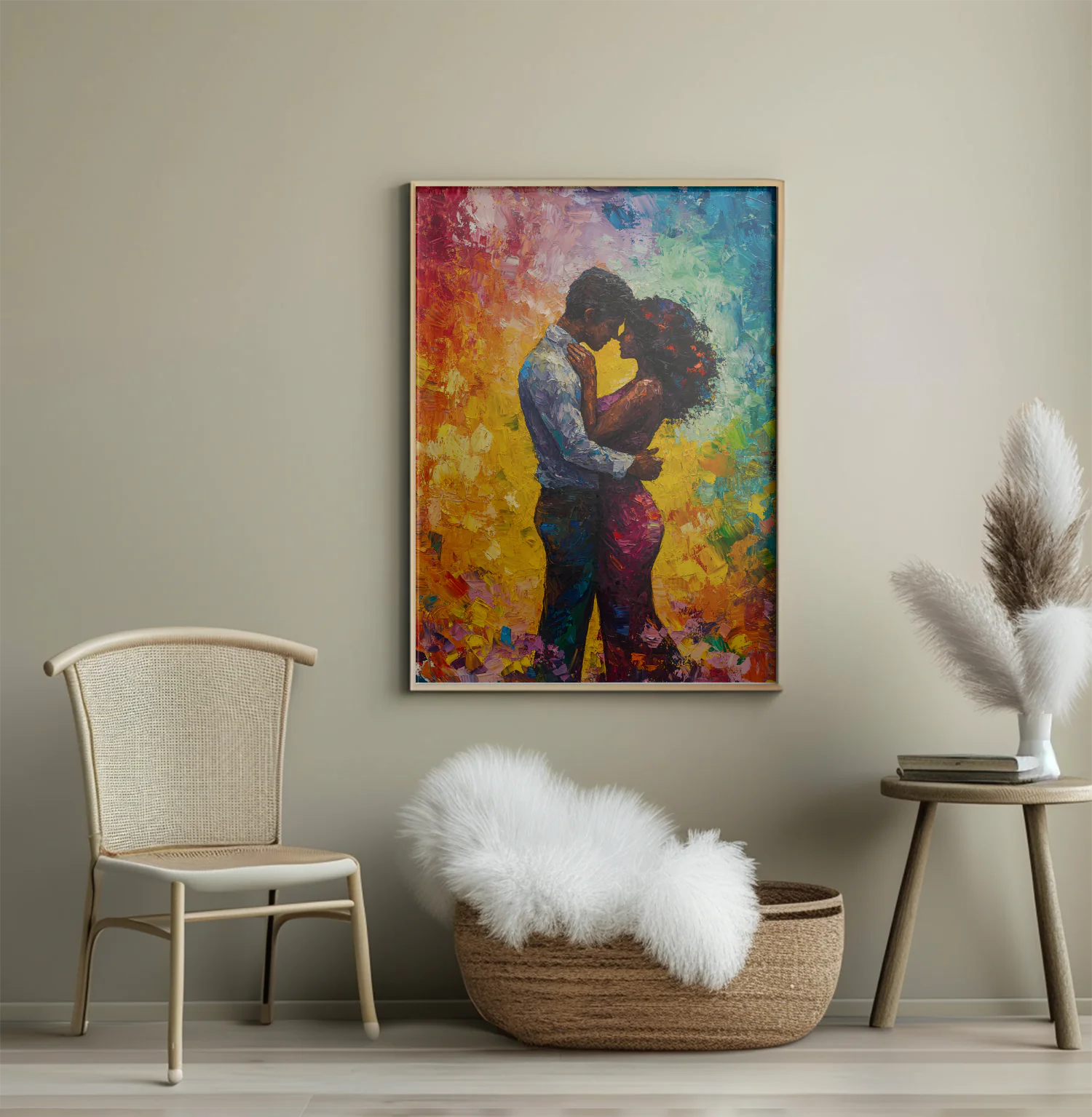 Vibrant Love: Embrace of Colors in a Romantic Oil Painting