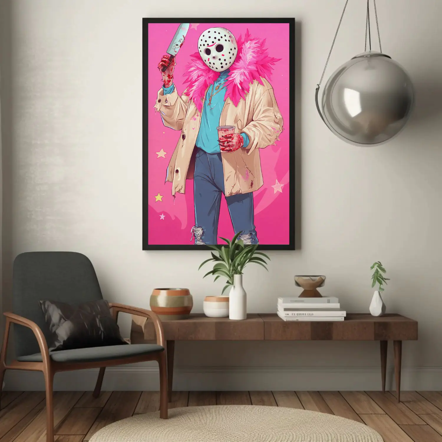 Vibrant Horror Chic: Playful Jason Voorhees with Bloody Knife and Pink Feathers