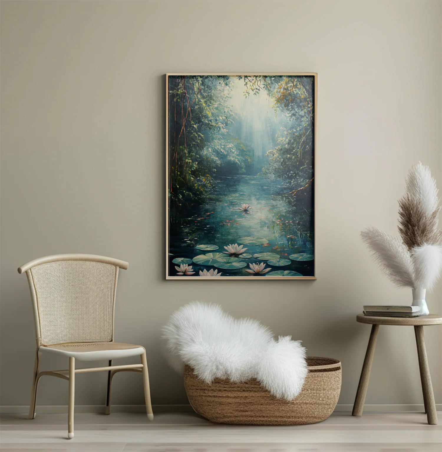 Serene Water Lily Pond in a Tranquil Forest Escape