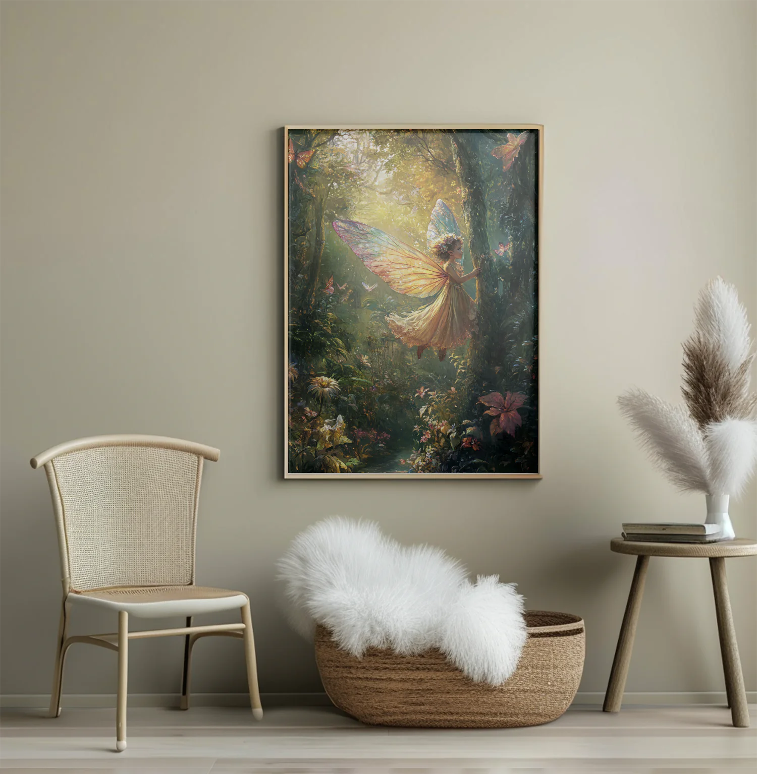 Whimsical Fairy in Enchanted Forest with Colorful Butterflies and Lush Flora