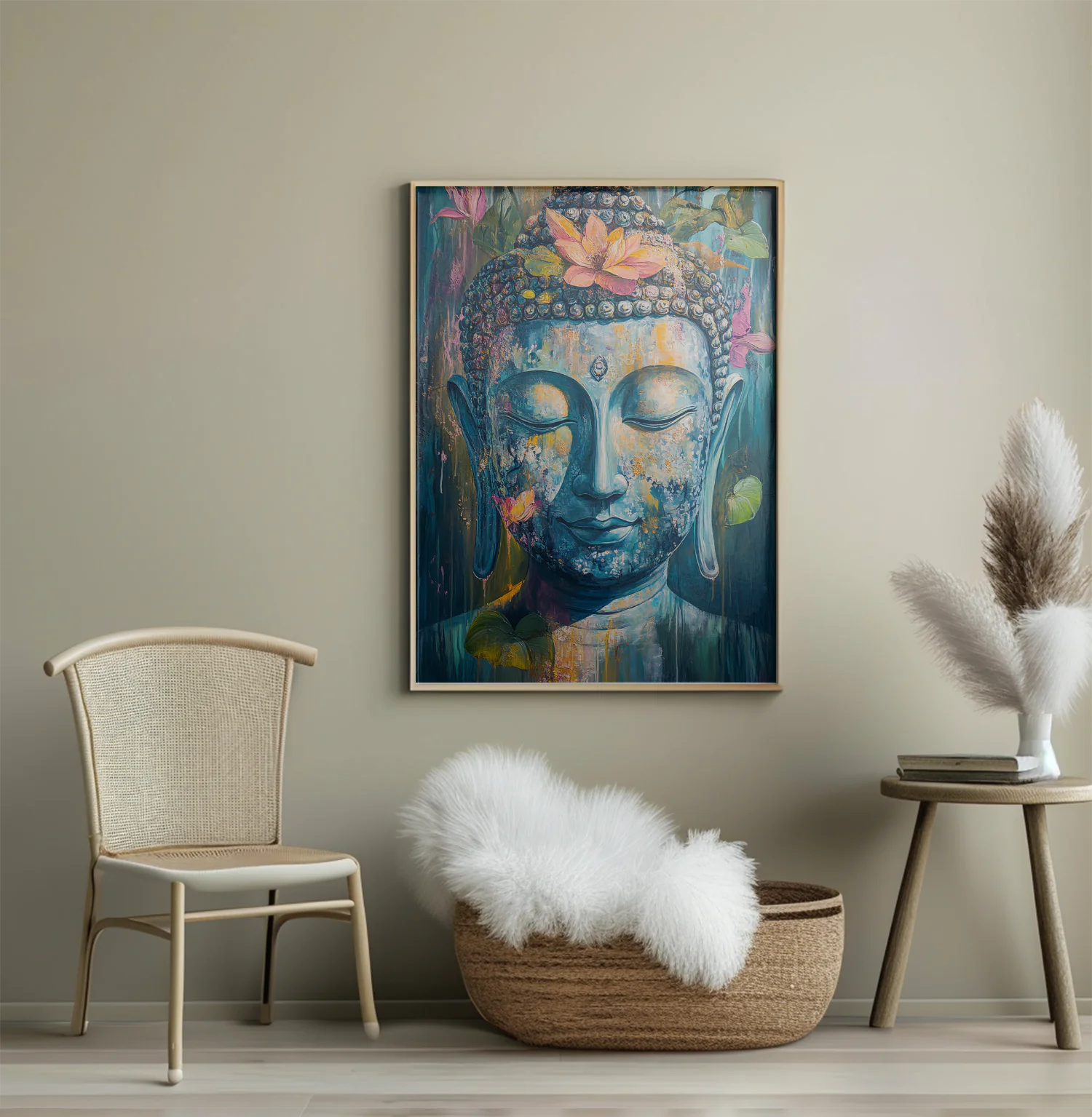 Vibrant Buddha Wall Art with Floral Accents for Tranquil Home Decor