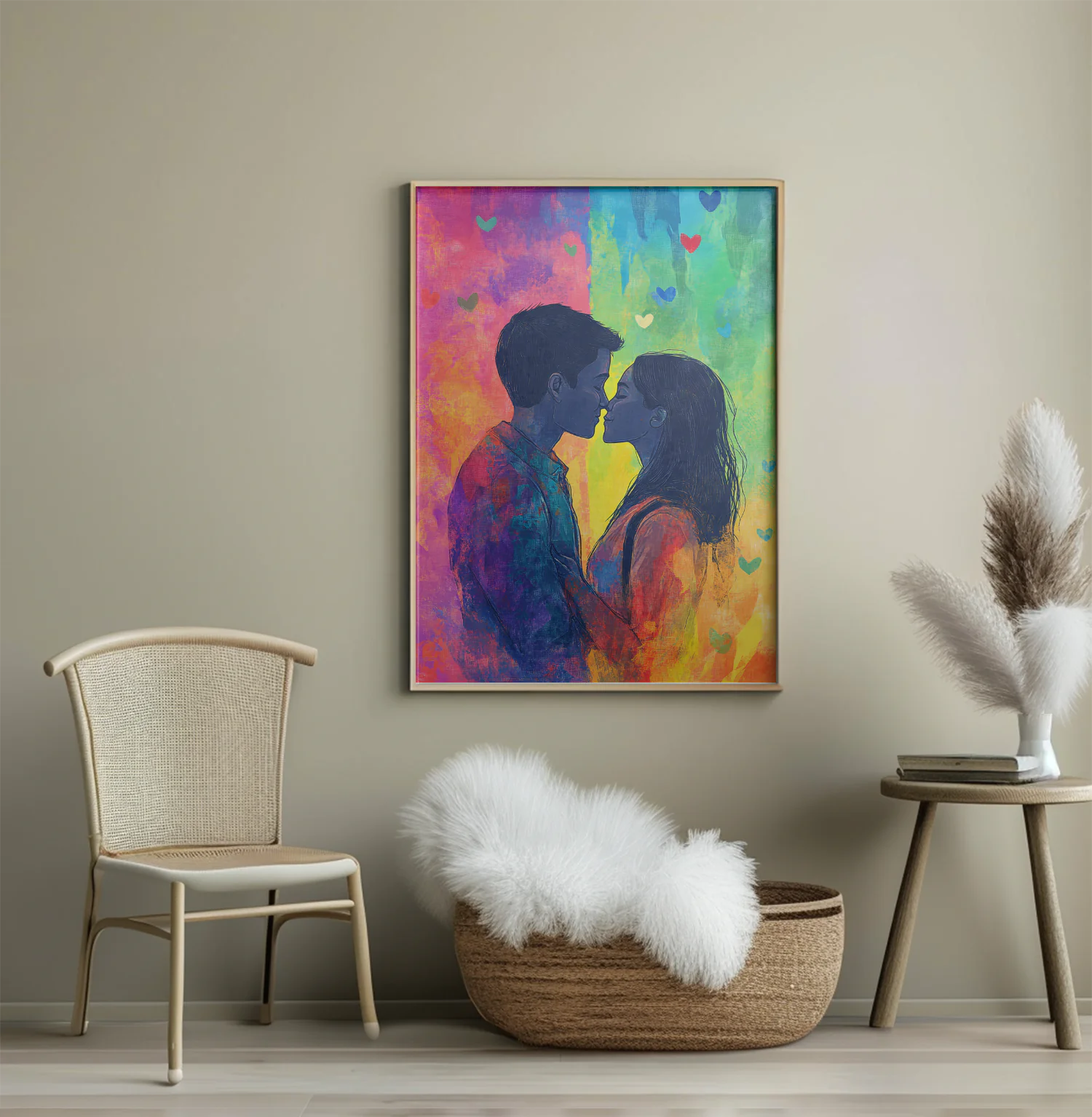 Vibrant Love: A Colorful Kiss in a Dreamy Watercolor World