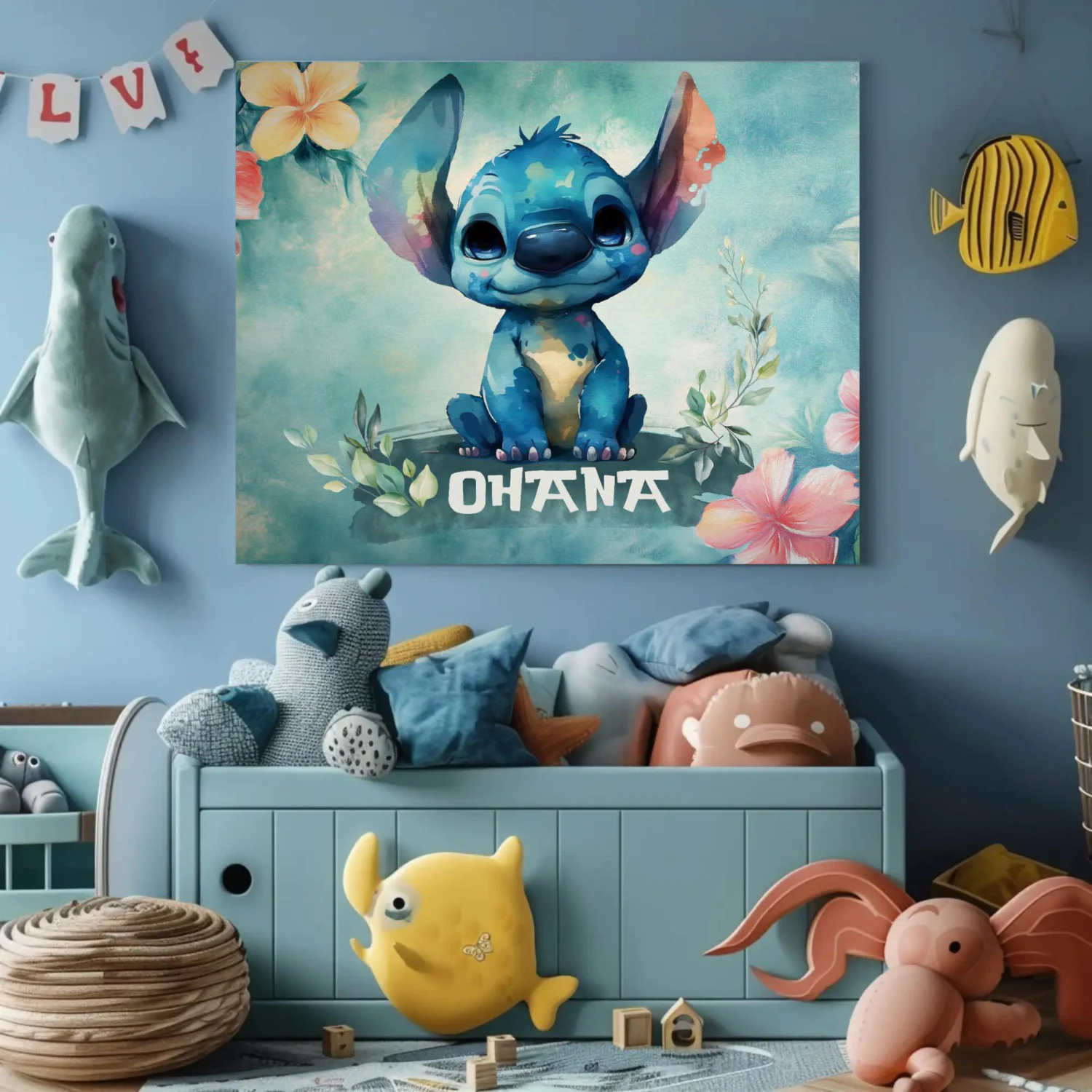 Stitch Ohana Art Print featuring Adorable Character and Tropical Floral Design