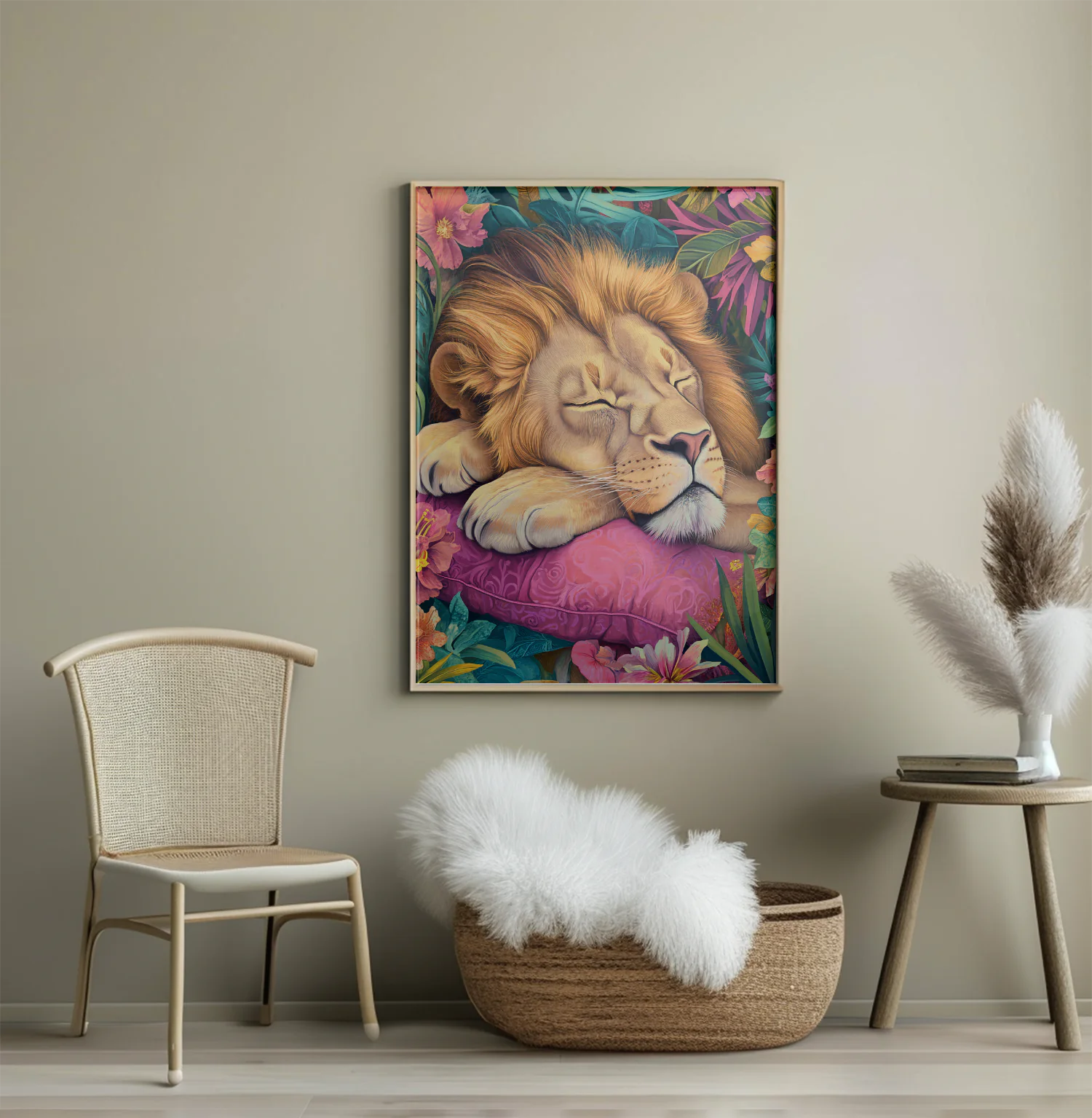 Majestic Lion Napping Among Vibrant Tropical Flora and Plush Cushion Art Print