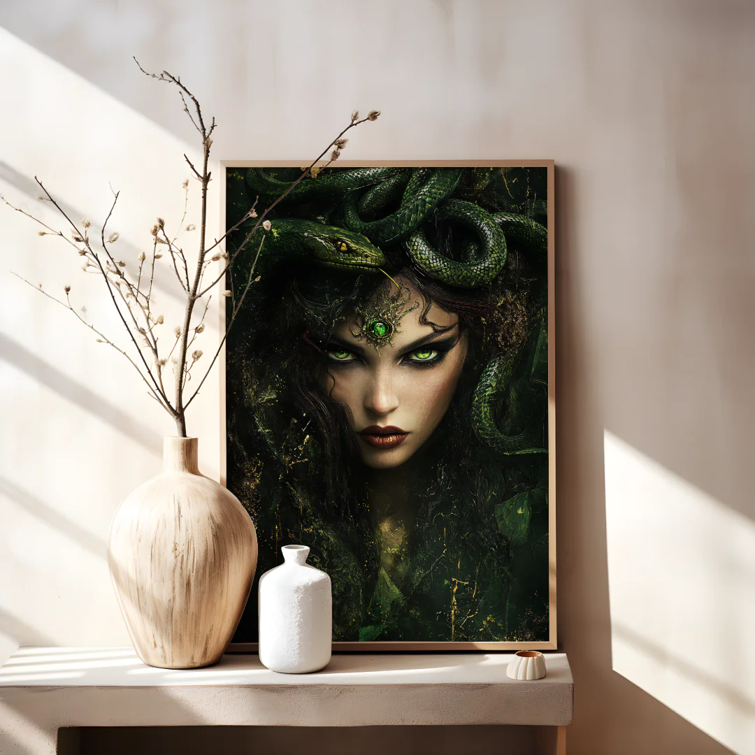 Enchanting Green Serpent Goddess Art Print for Mystical Decor