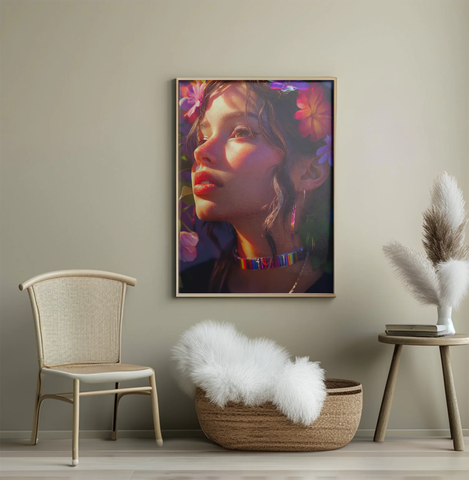 Vibrant Floral Crown and Rainbow Choker Portrait – A Celebration of Color and Beauty