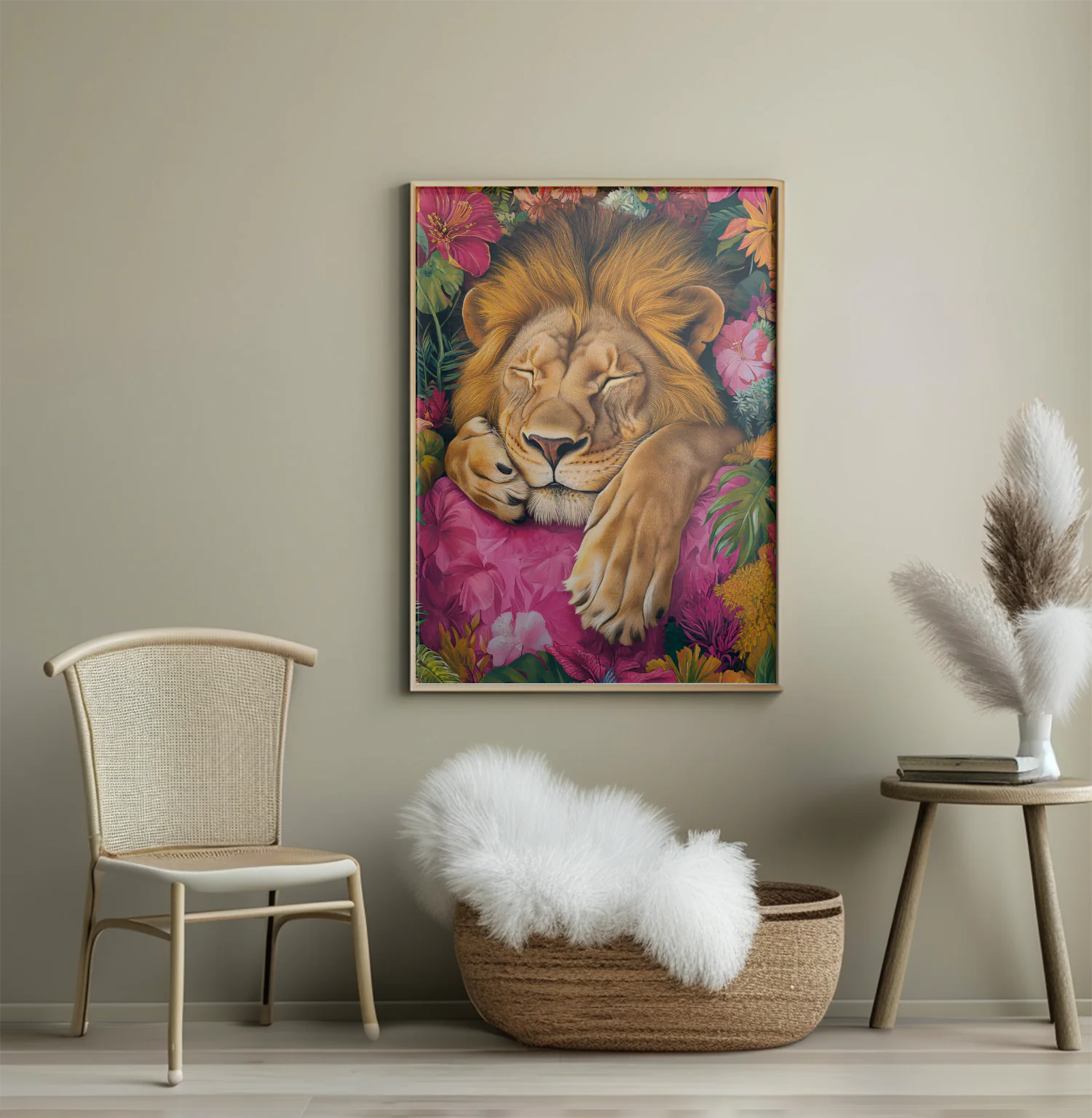Vibrant Tropical Lion Art Print: Relaxing Majesty Amidst Colorful Blossoms