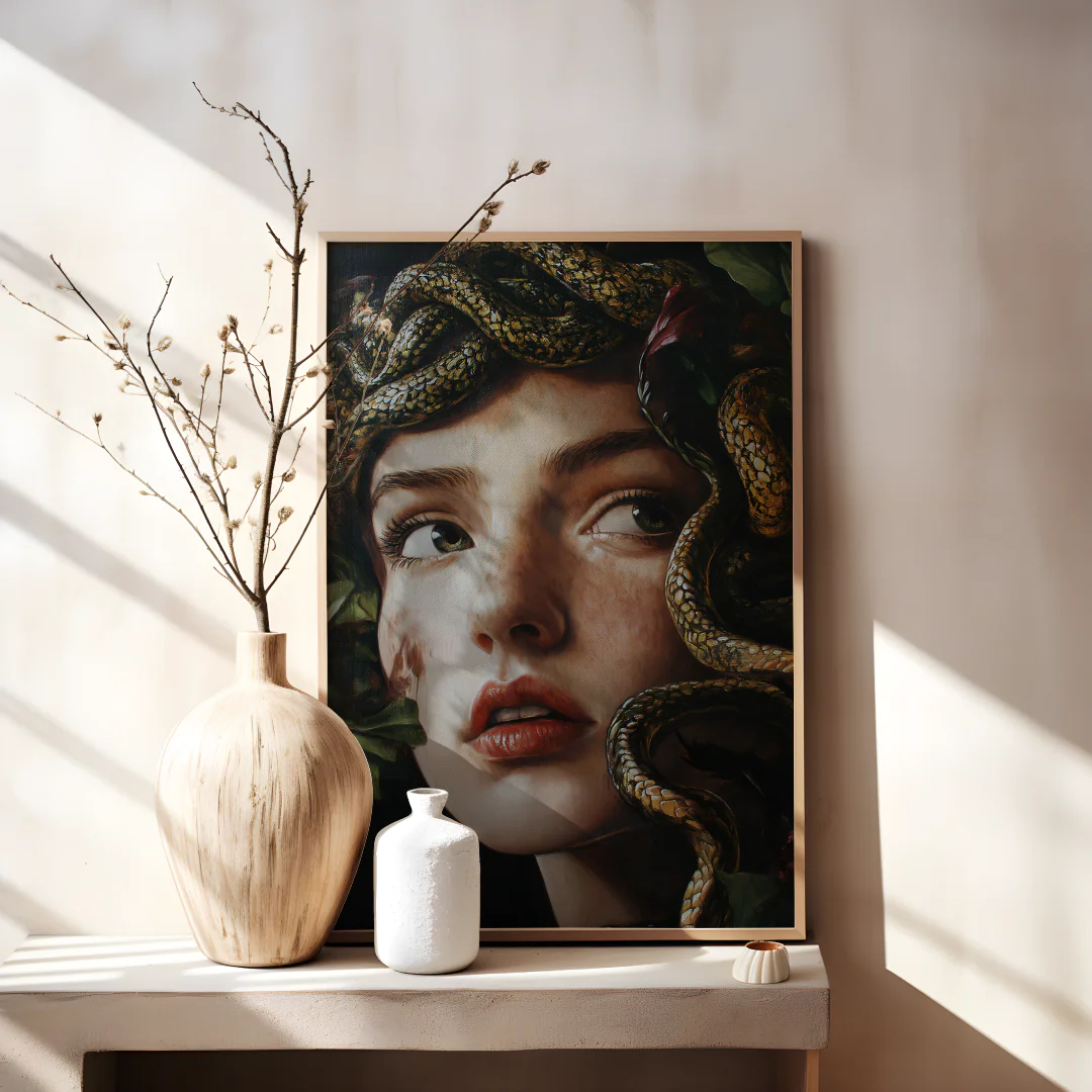 Mystical Elegance: Serpent-Crowned Beauty Artwork