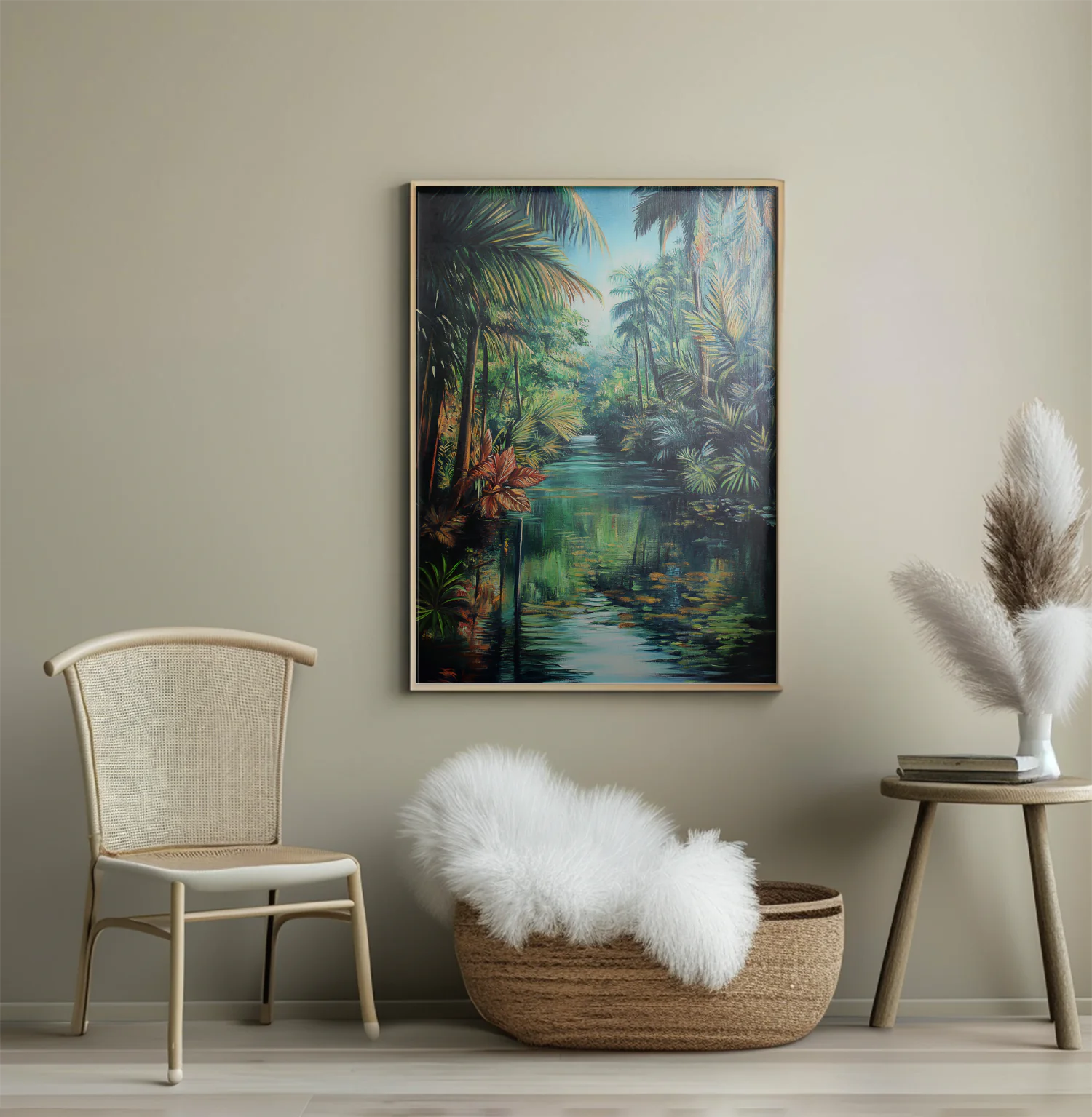 Lush Tropical Paradise: Serene River Reflections in a Vibrant Jungle Landscape Painting