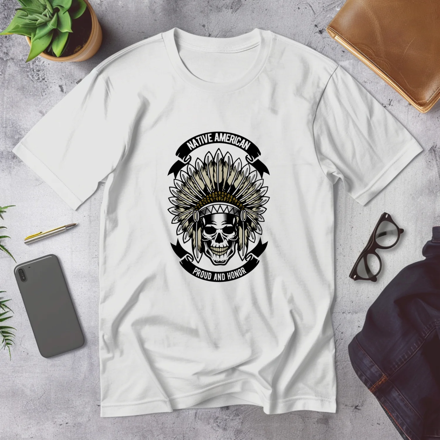 Native American Skull with Feather Headdress Proudly Honoring Heritage