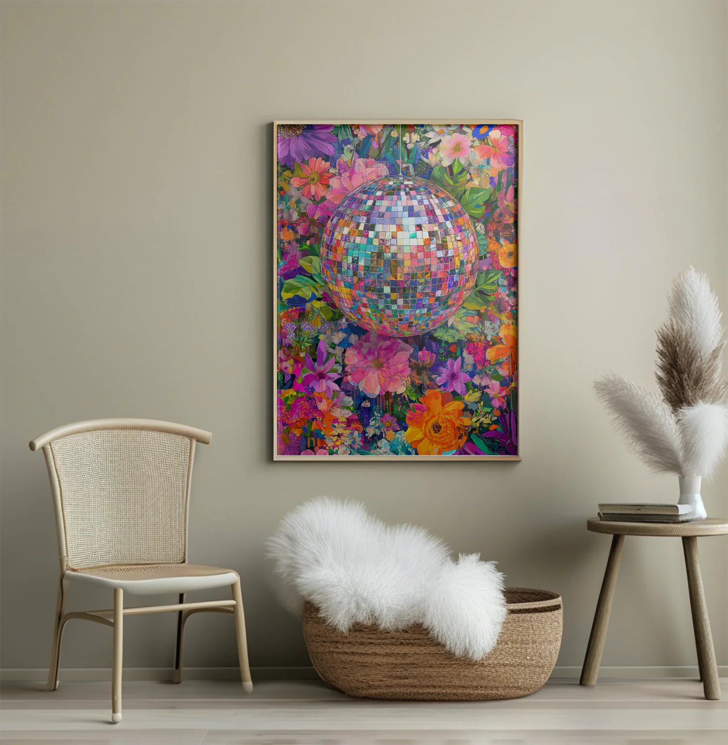 Vibrant Disco Ball Surrounded by Colorful Blossoms for a Festive Ambiance