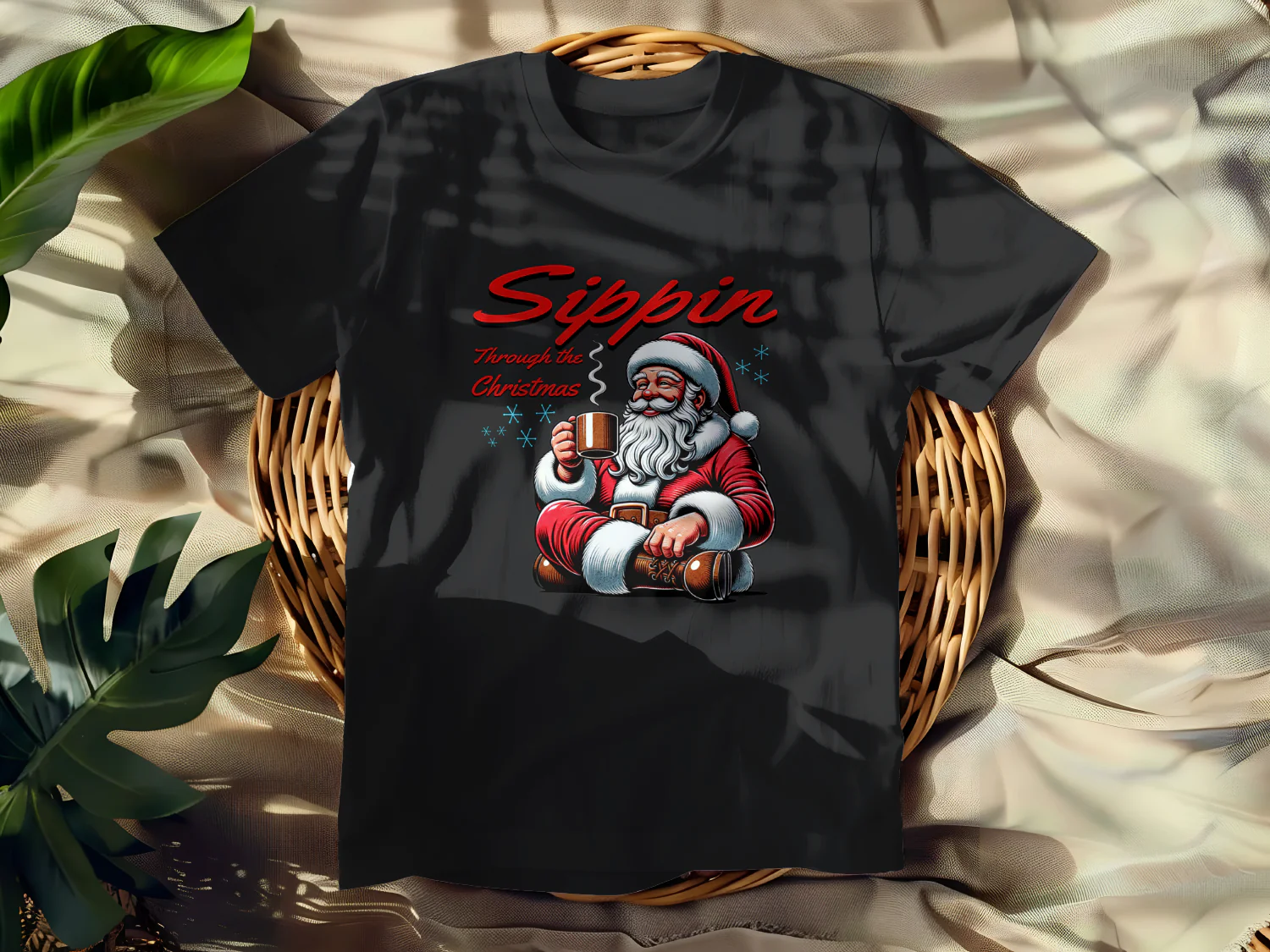 Sippin Through the Christmas T-Shirt Design Featuring Santa and Hot Cocoa