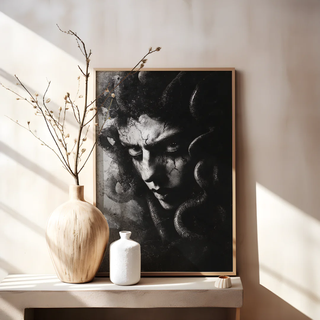 Dark Elegance: Enigmatic Serpent Queen Art Print for Bold Wall Decor