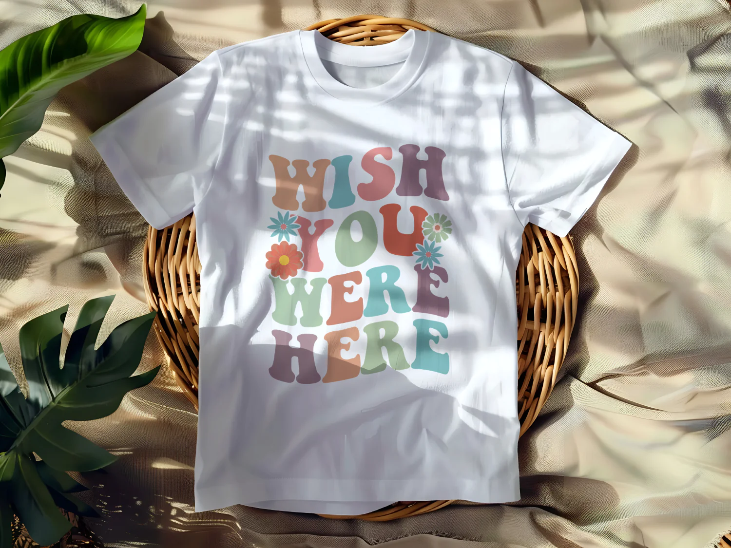 Whimsical Floral Wish You Were Here T-Shirt Design