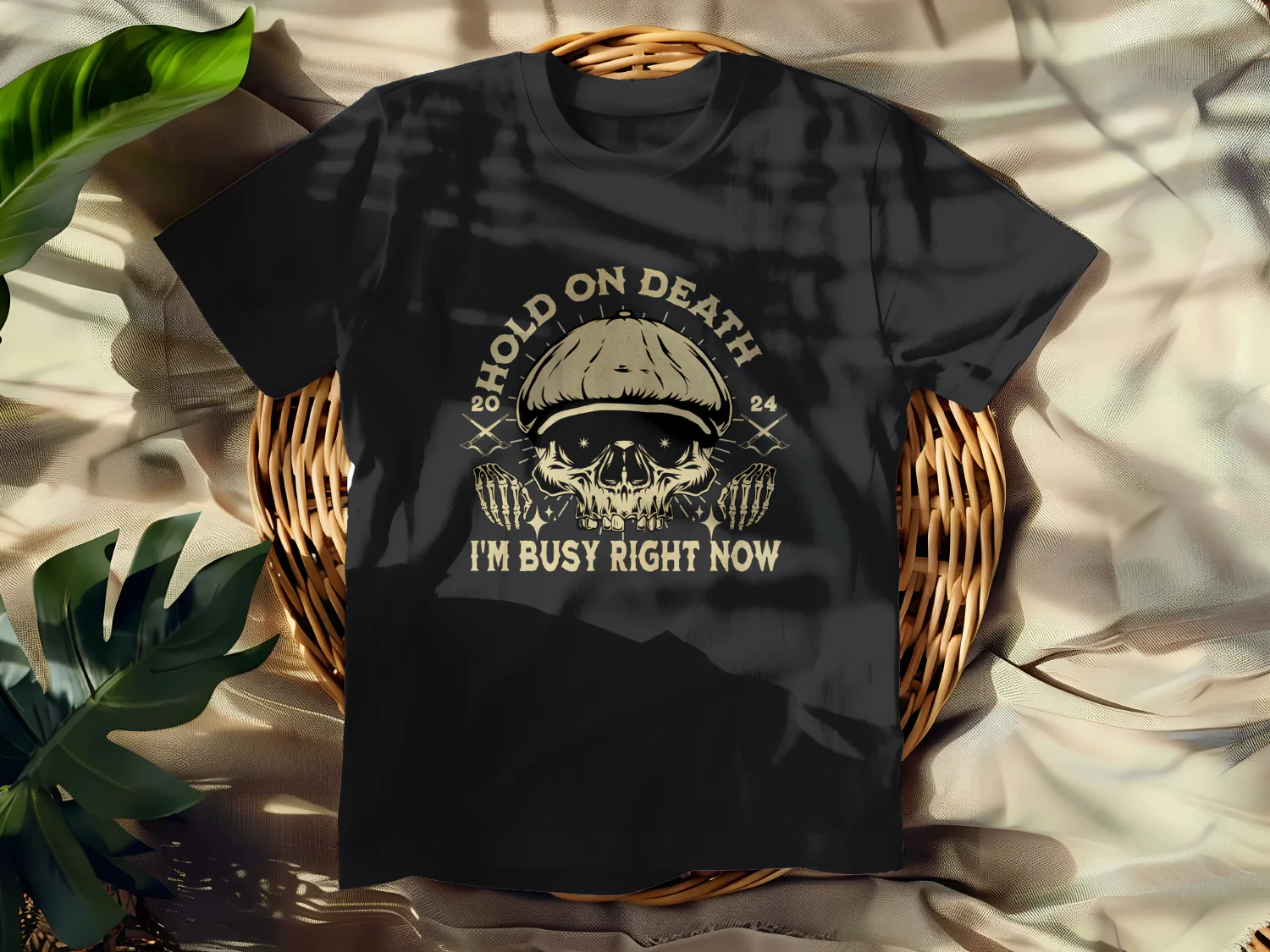 Hold On Death 2024 I'm Busy Right Now Skull T-Shirt Design
