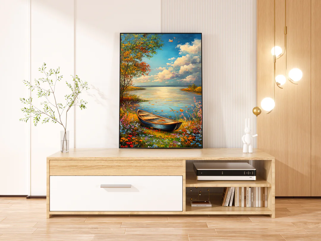 Serene Autumn Landscape with Boat and Colorful Flowers Printable Wall Art 300DPI