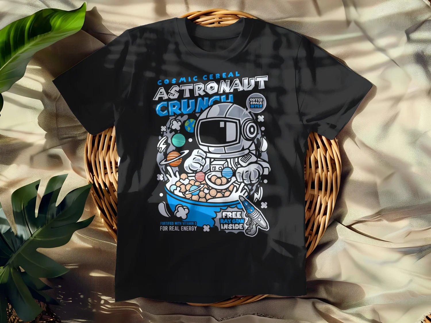 Cosmic Cereal Astronaut Crunch T-Shirt Design with Space Theme and Free Ray Gun Insight