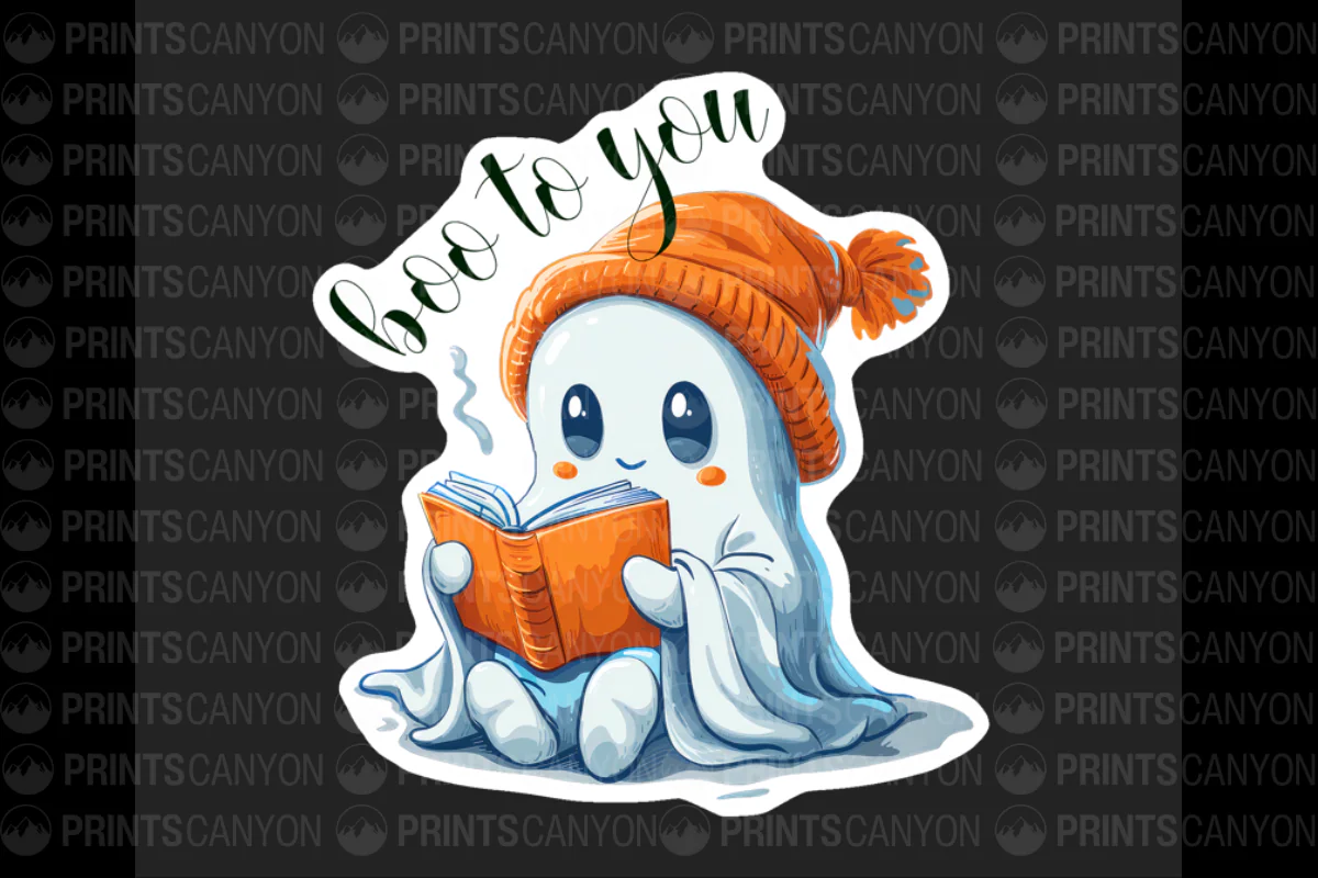 Cute Ghost Reading Sticker with "Boo to You" Quote for Halloween Decor
