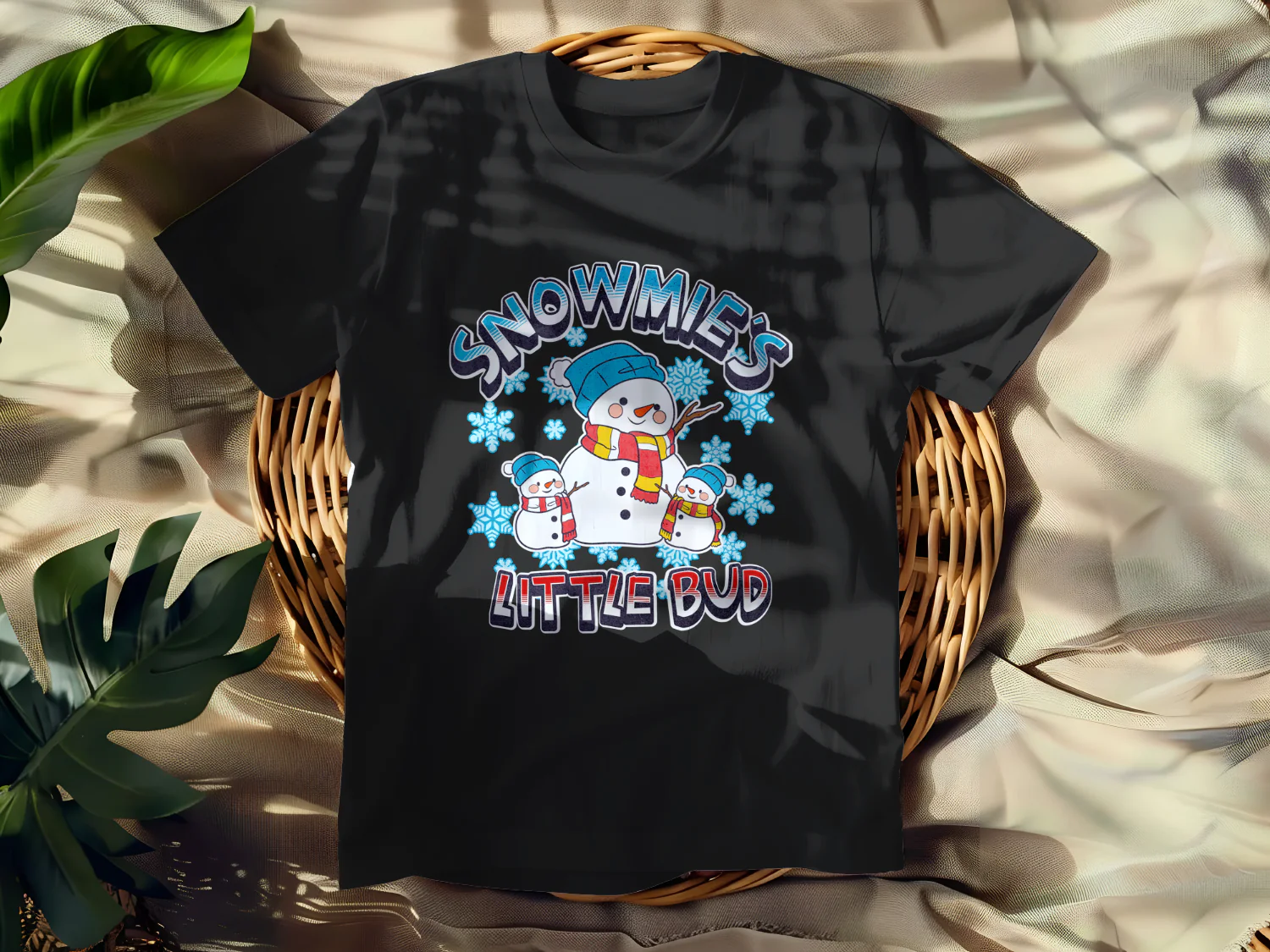 Snowmie's Little Bud Snowman T-Shirt Design for Winter Apparel