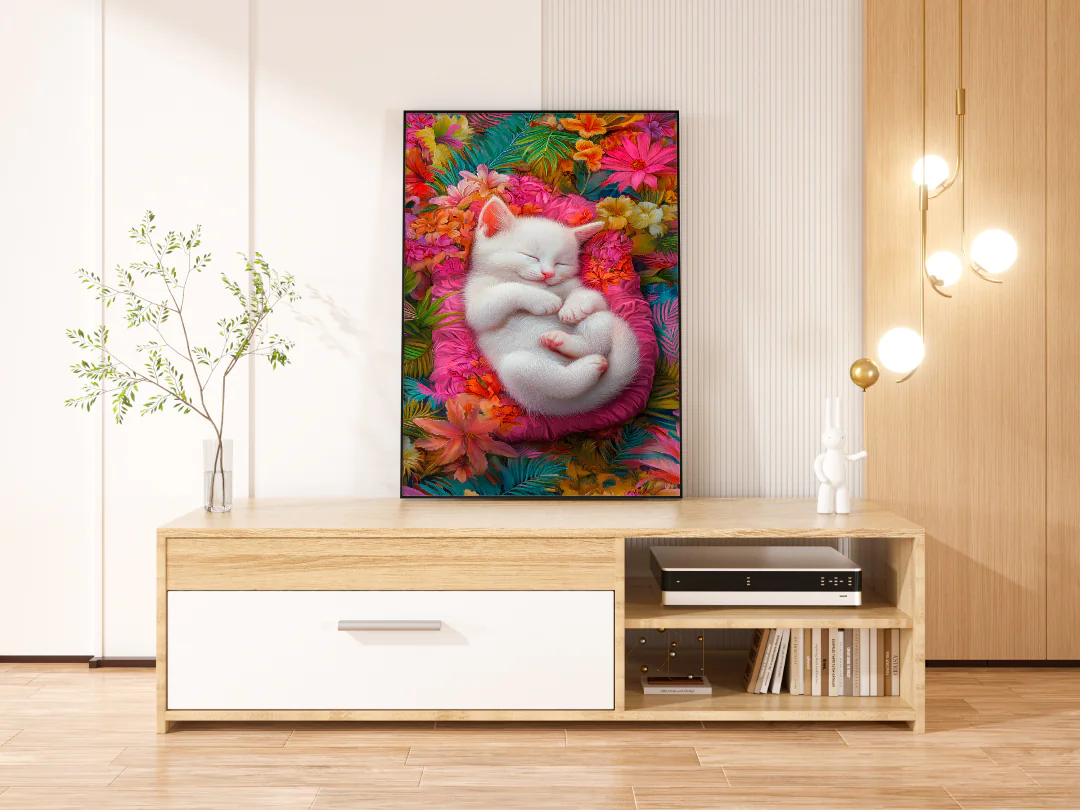 Sleeping Kitten with Floral Background Printable Wall Art 300DPI