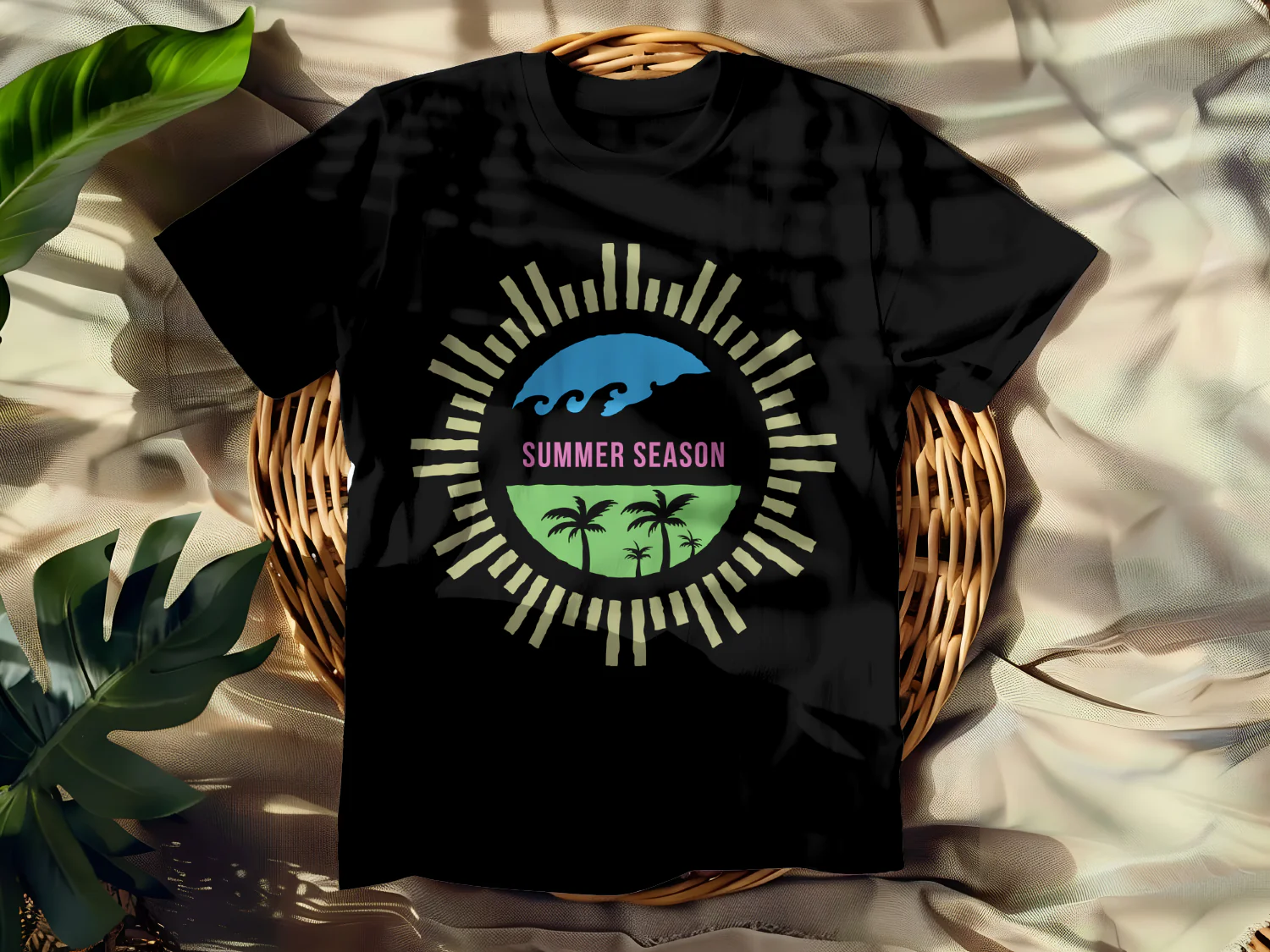 Summer Season T-Shirt Design with Waves and Palm Trees Graphics