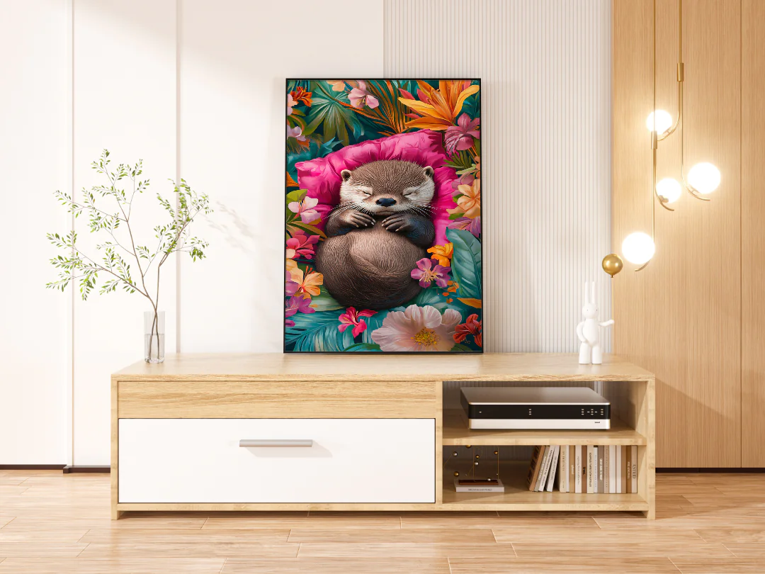 Cute Sleeping Otter Floral Art Printable Wall Decor 300 DPI