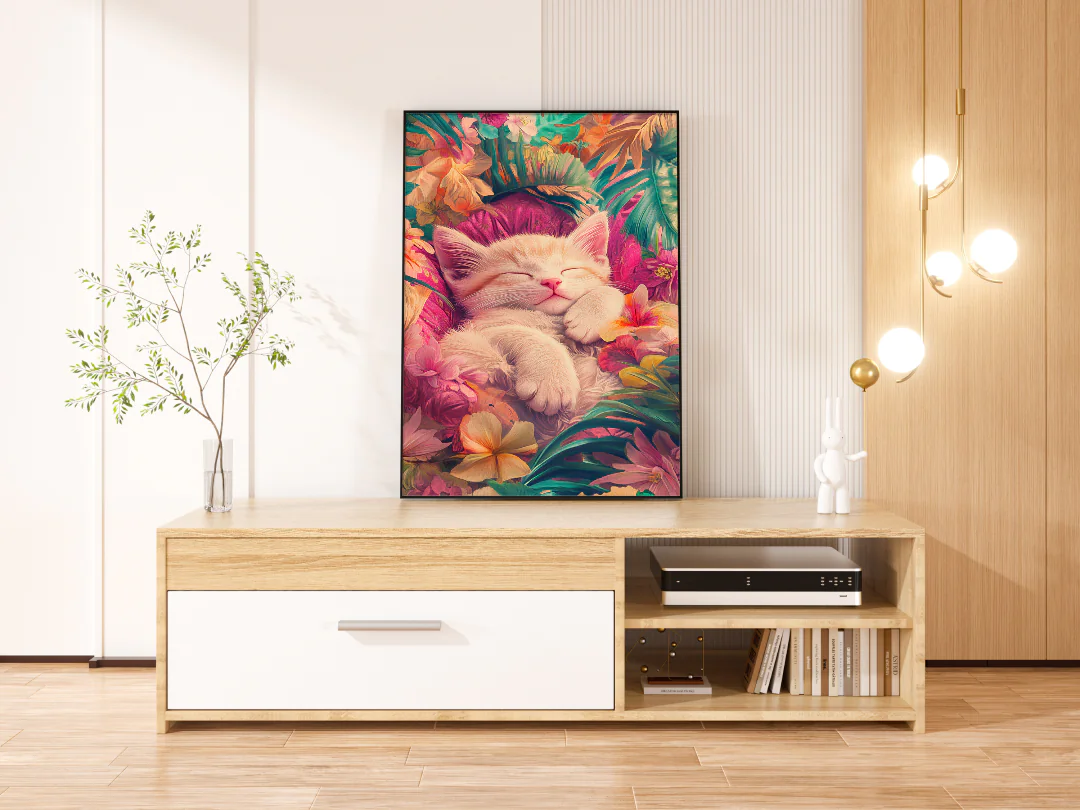 Dreamy Sleeping Kitten Among Colorful Flowers - Printable Wall Art 300DPI