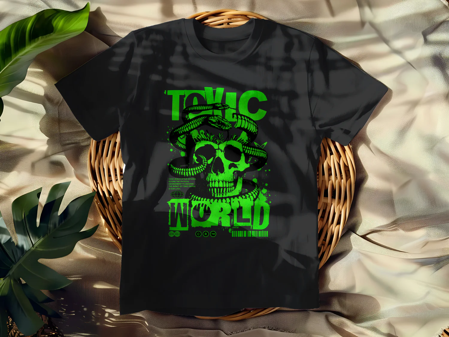 Toxic World Skull T-Shirt Design with Snake Graphics for Edgy Style